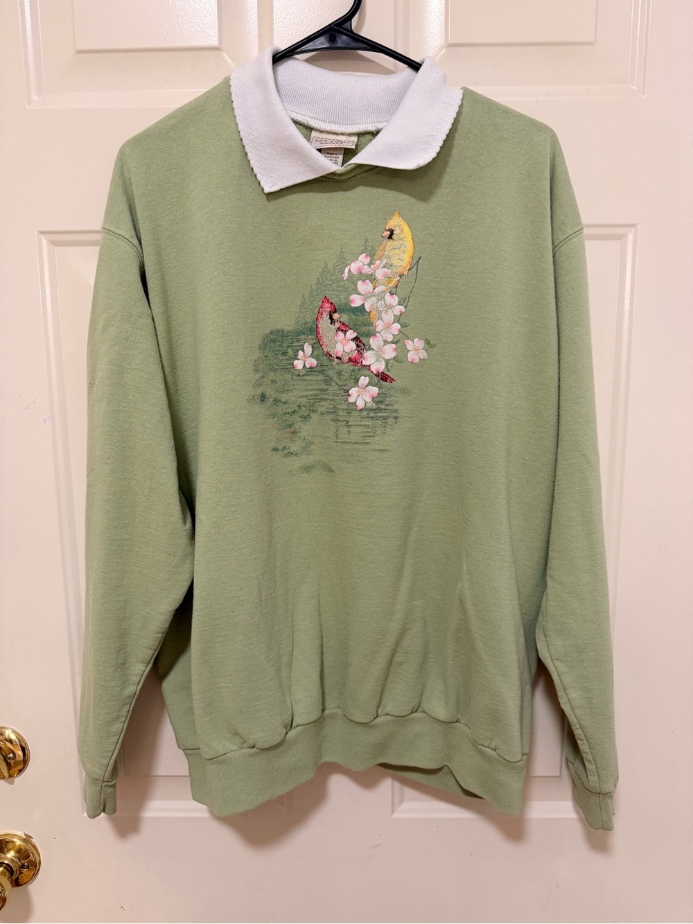 Light Green Embroidered Bird Crewneck Sweater with White Polo Collar